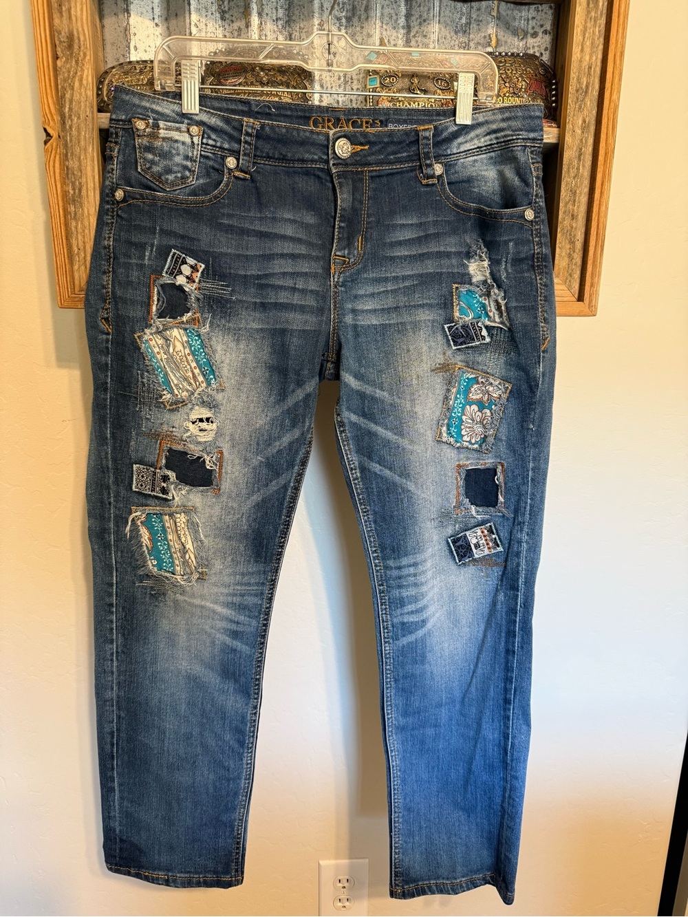 Grace Blue Boyfriend Jeans with Turquoise Patchwork